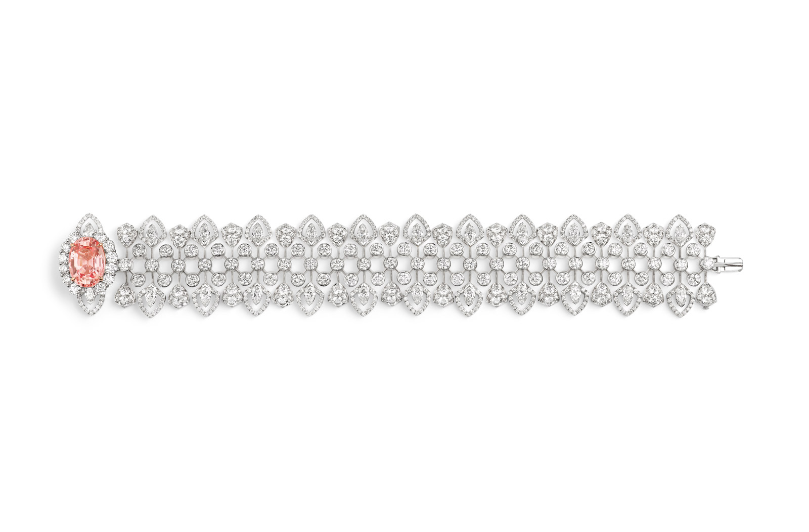 <p>Chaumet ‘Promenades Imperiales’ bracelet in 18k white gold, set with a 7.07ct Ceylon Padparadscha sapphire and diamonds</p>
