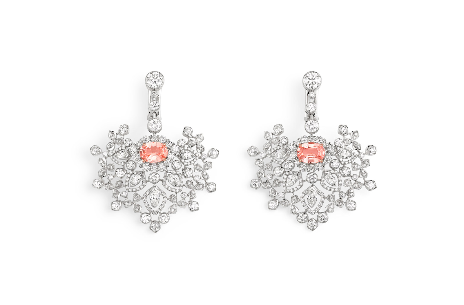 <p>Chaumet ‘Promenades Imperiales’ earrings in 18k white gold, with a 1.71ct  Madagascan Padparadscha sapphire and diamonds</p>
