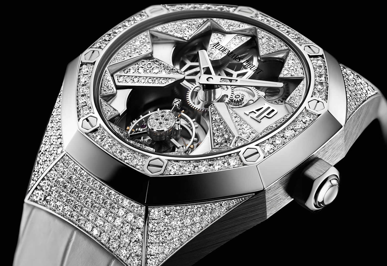 The Audemars Piguet 'Ladies' Royal Oak Concept Flying Tourbillon’ in18k white gold set with 397 brilliant-cut diamonds and 174 baguette-cut diamonds