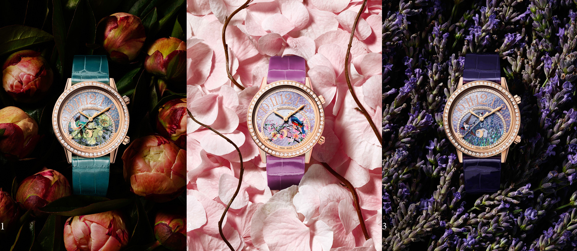 Jaeger LeCoultre Sonatina 'Seduction', 'Romance' and 'Amour' watches, featuring mother-of-pearl dials decorated by hand with a guilloché motif and diamond halo bezel 