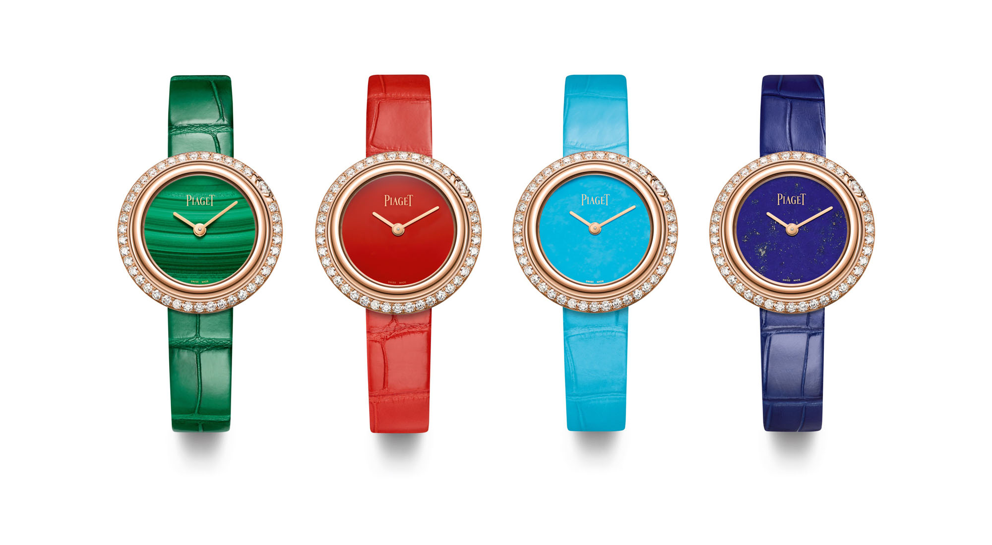 Piaget Possession watches with 18k rose gold gemstone dials, left to right: Green Malachite, Red Carnelian, Turquoise, Lapis Lazuli and double halo diamond bezels