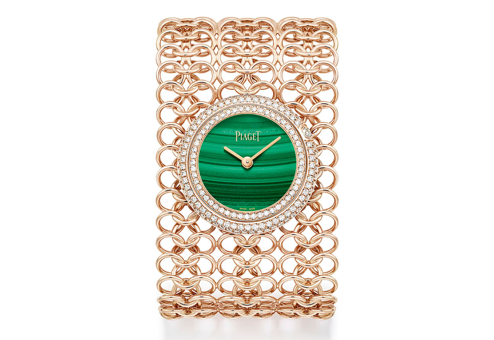  Piaget Possession watch with malachite dial, 18k rose gold link chain strap and double halo diamond bezel