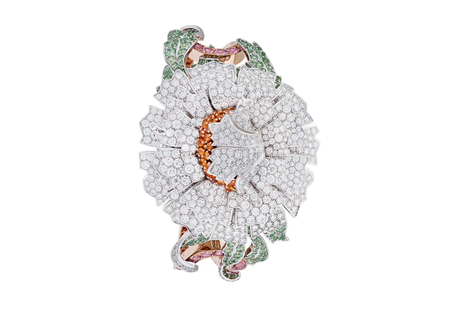  Van Cleef&Arpels Pivoine Secréte watch in white, yellow and pink 18k gold, with colourless diamonds, spessarite garnets, pink sapphires and mint tourmaline 
