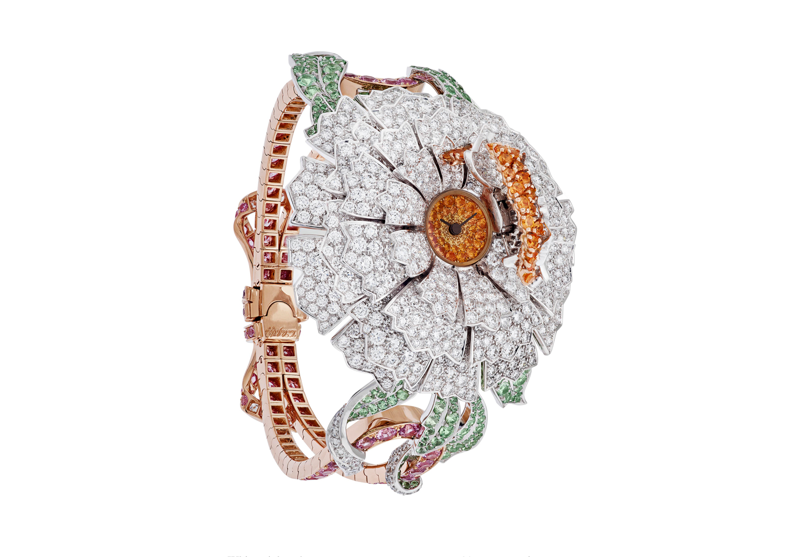  Van Cleef& Arpels Pivoine Secréte watch in white, yellow and pink 18k gold, with colourless diamonds, spessarite garnets, pink sapphires and mint tourmaline 