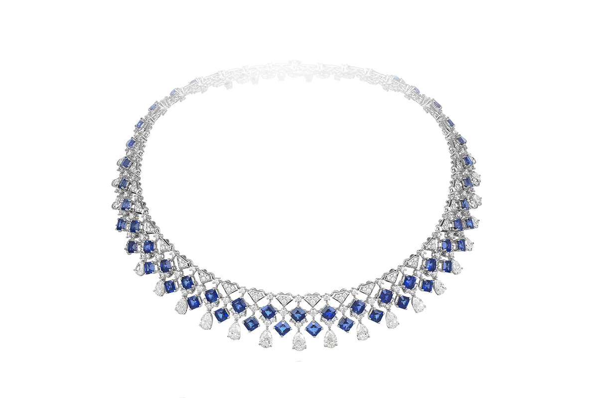  Precious Chopard necklace in 18k white gold set with emerald-cut sapphires (31.6cts) and brilliant-cut (17.6cts) and pear-shaped (11.2cts) diamonds