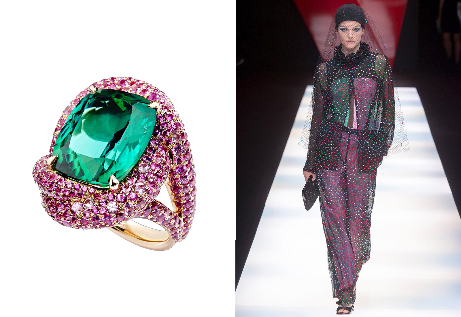 Suzanne Syz 'Unique Green Lady' ring and Giorgio Armani