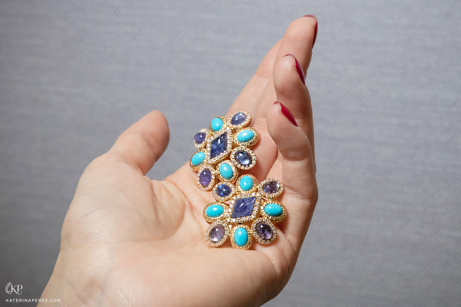  Veschetti earrings with sapphires, turquoise and diamonds. Photo by Simon Martner for katerinaperez.com