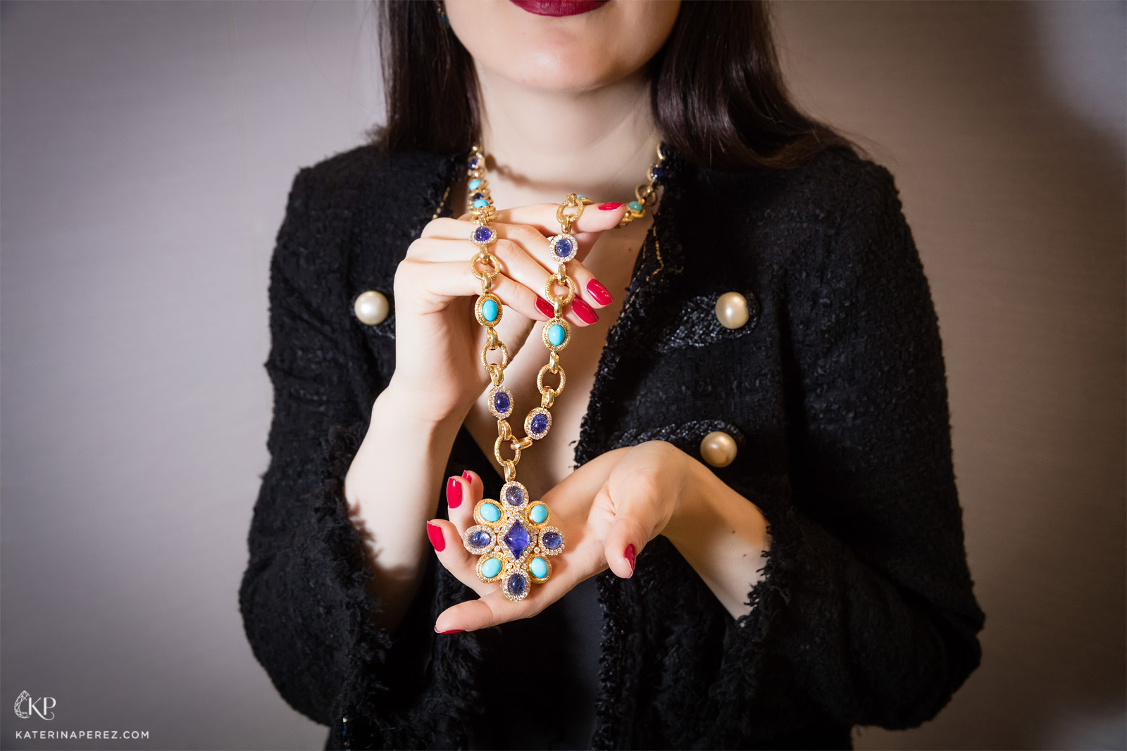 Veschetti necklace with sapphires, turquoise and diamonds. Photo by Simon Martner for katerinaperez.com