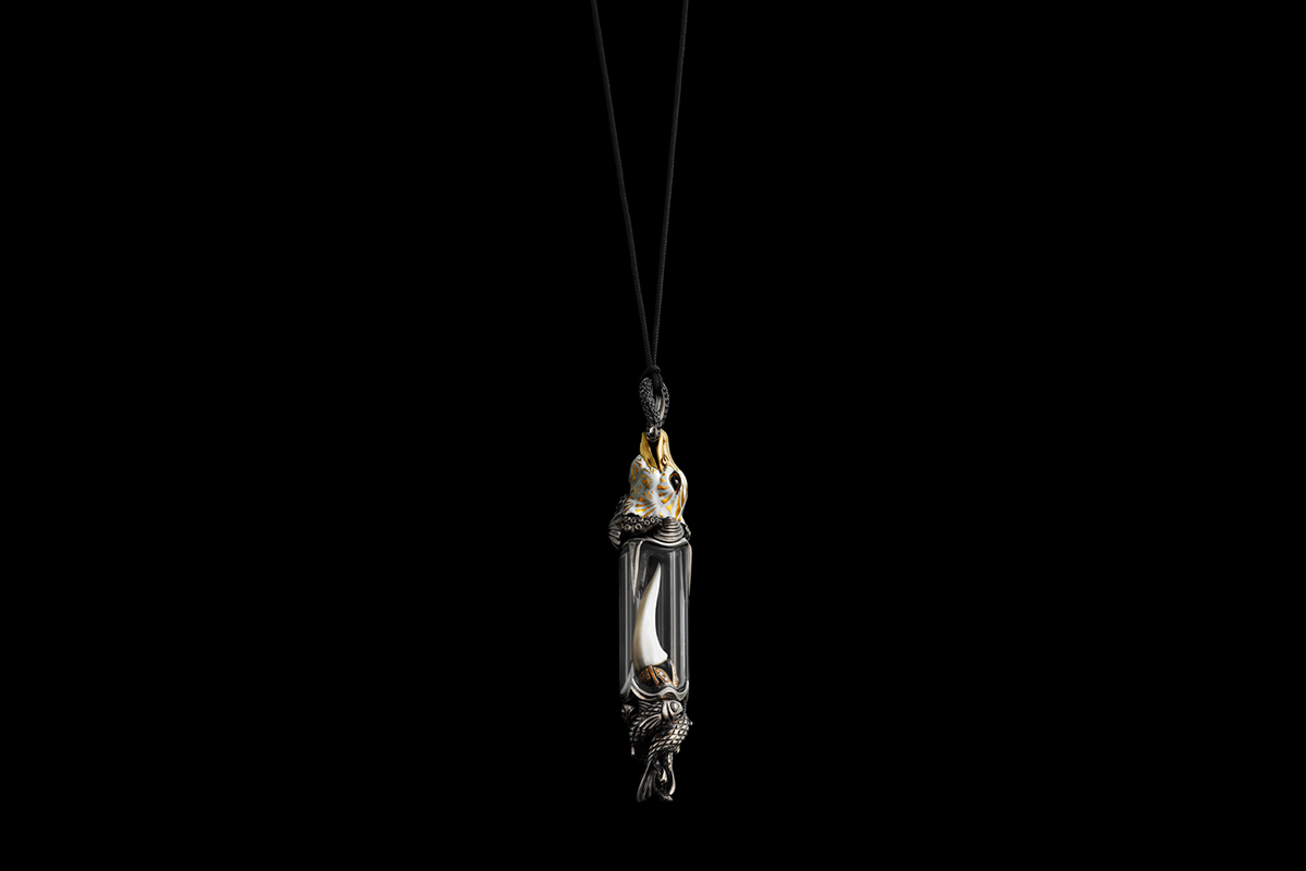  Otto Jakob ‘Akula’ Amulet with shark tooth on diamond-set enamel, in engraved rock crystal and diamonds, set in 18k yellow gold