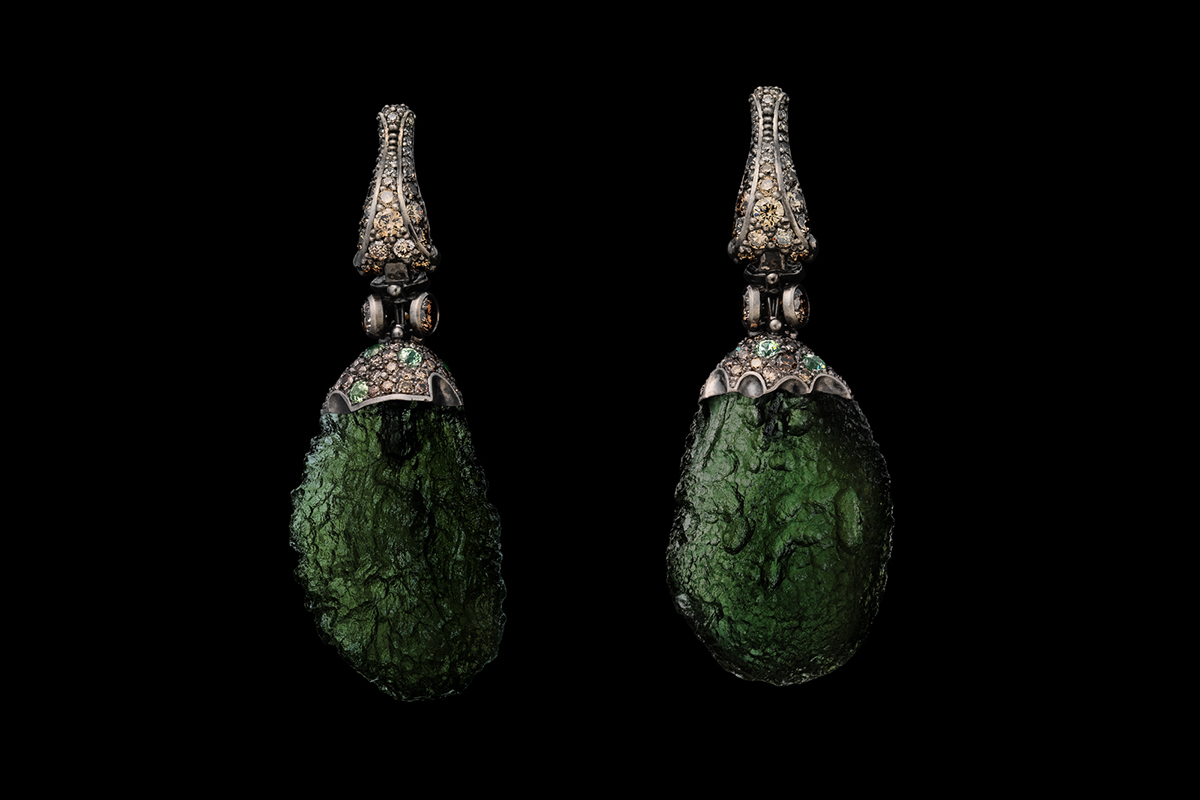 Otto Jakob 'Impactus' earrings in Moldavite green glass, demantoid garnet and diamonds