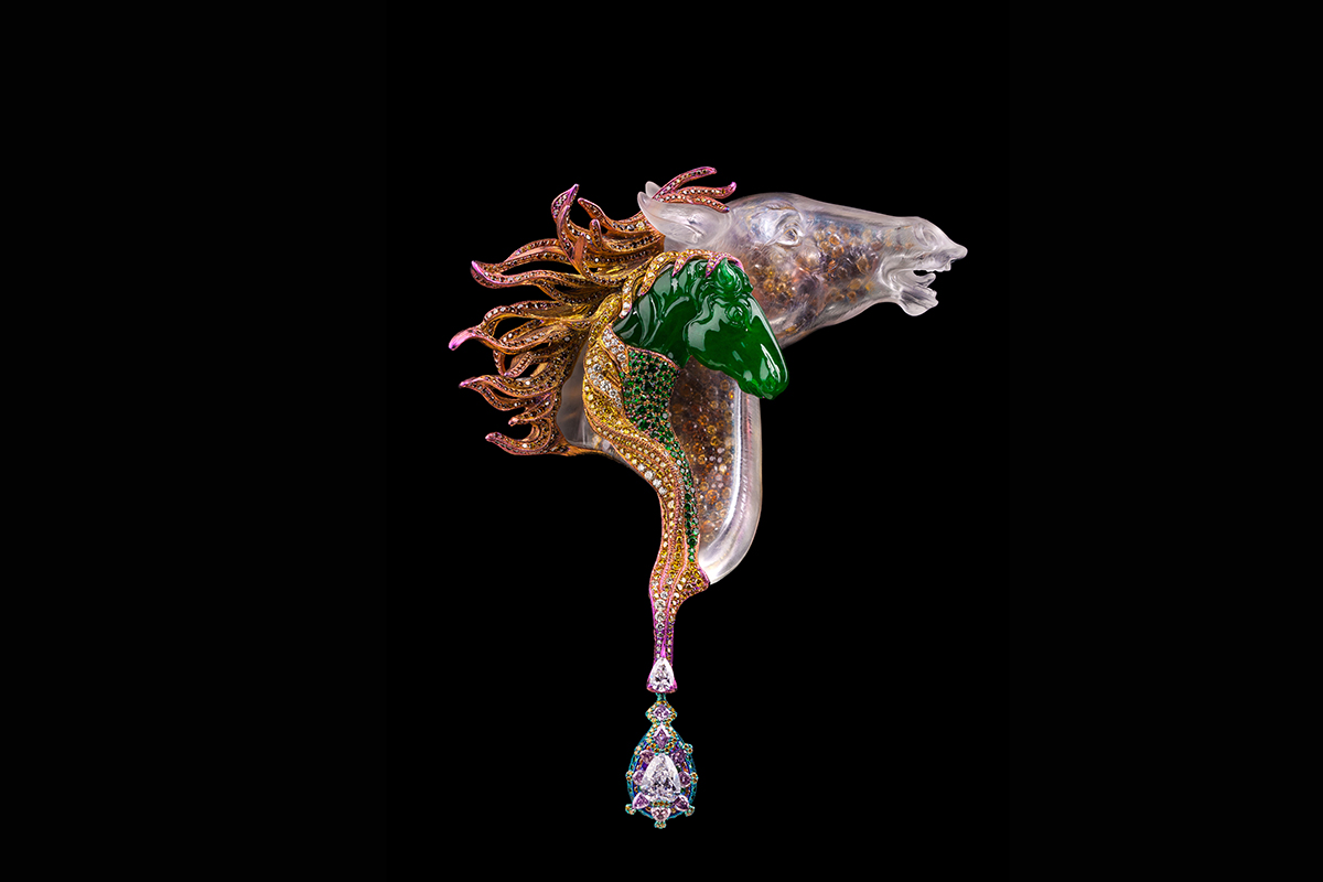 Wallace Chan ‘A Love Tale’ brooch in 23.09ct jadeite, colourless, yellow and pink diamonds, jadeite, crystal, brown diamond, tsavorite garnet and titanium 