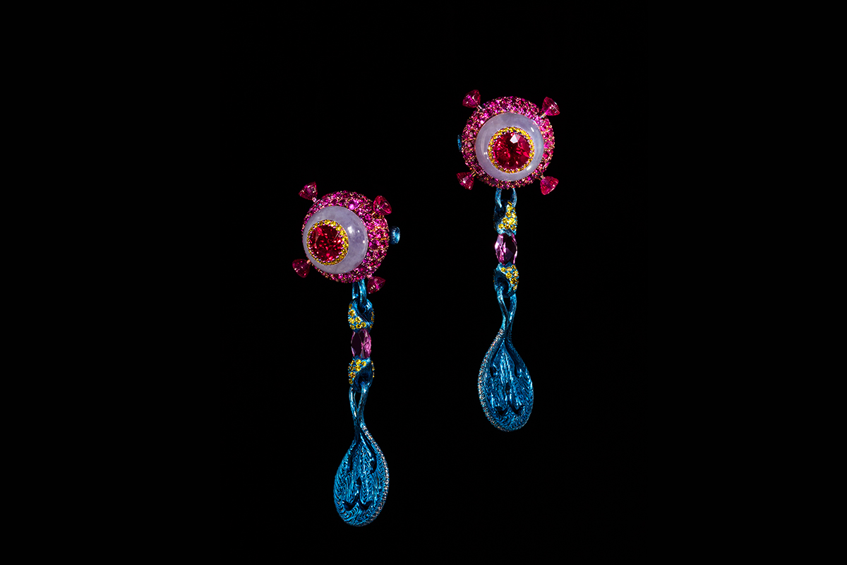  Wallace Chan ‘Light Spiral’ earrings in 2.32ct ruby, pink sapphire, colourless diamonds, purple jade, blue topaz, tsavorite garnet and titanium