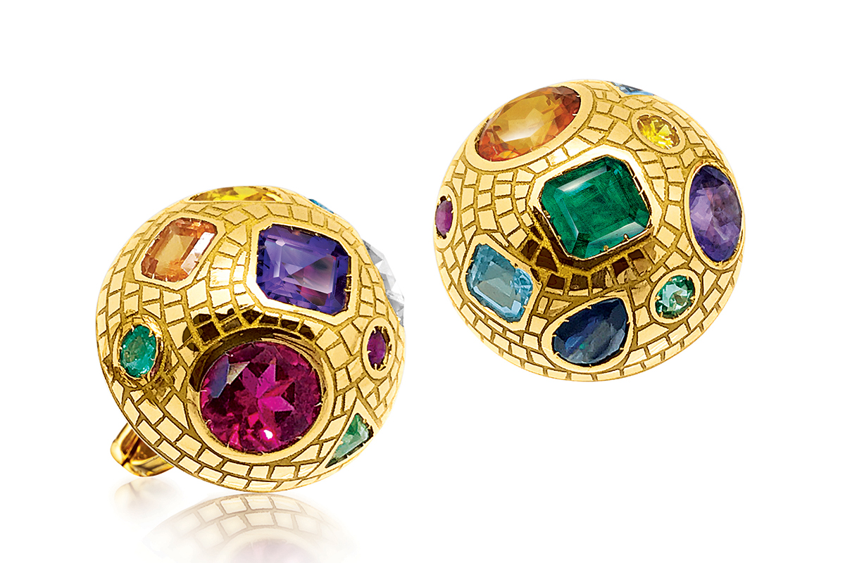 Verdura 'Mosaic' earclips in emerald, multi-coloured sapphire, amethyst, rubellite, topaz and set in 18k yellow gold