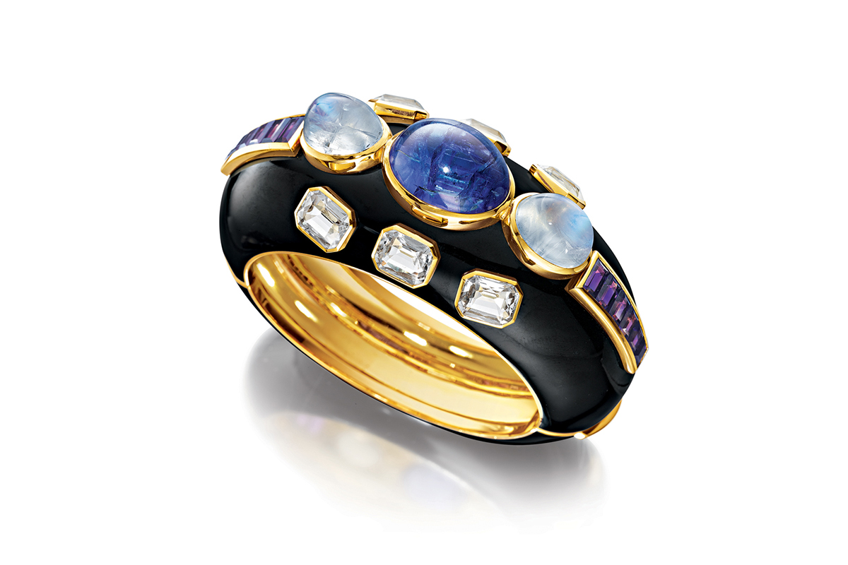  Verdura 'Ravenna' cuff in tanzanite, moonstone, white topaz, amethyst and black enamel in 18k yellow gold