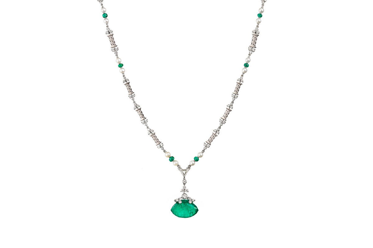 Reza 'Zamarat' necklace in 19.78 cts emeralds, diamonds, pearls and 18k white gold