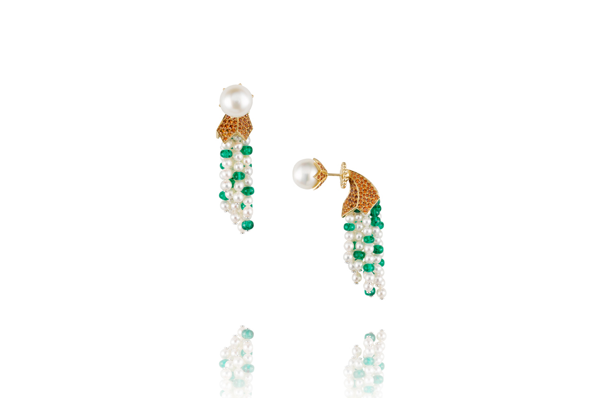  Reza 'Cornes de Abondance' earrings in pearl, emerald beads and orange sapphire pavé set in 18k yellow gold