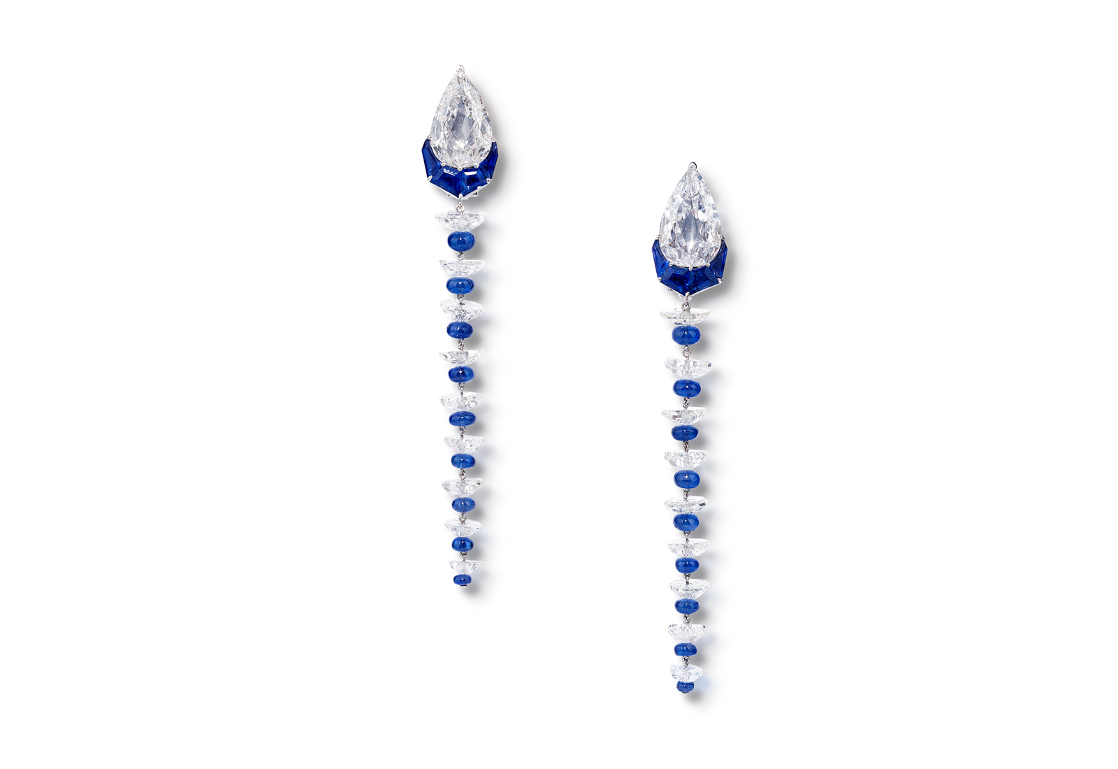  Glenn Spiro earrings with 2 pear cut diamonds weighing 4.01 cts and 4.03 cts, blue sapphires, blue sapphire beads, brilliant round cut diamonds and diamond beads set in 18k white gold