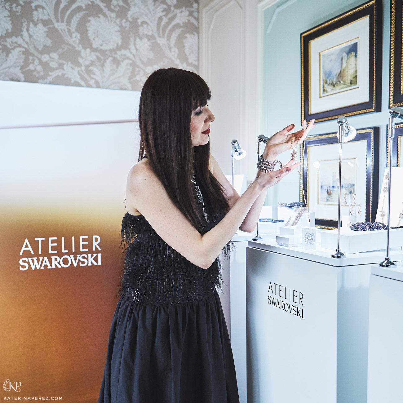  Katerina Perez wearing Atelier Swarovski bracelet and necklace with Brunello Cucinelli dress