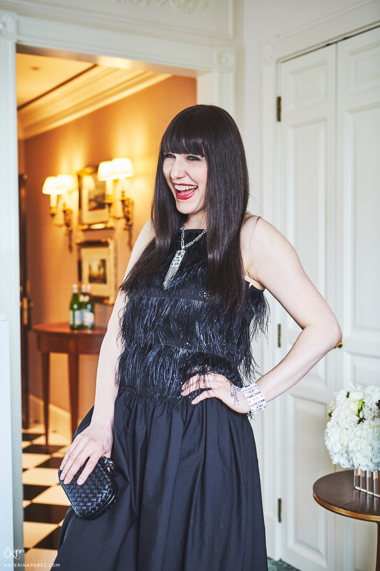  Katerina Perez wearing Atelier Swarovski bracelet and necklace with Brunello Cucinelli dress