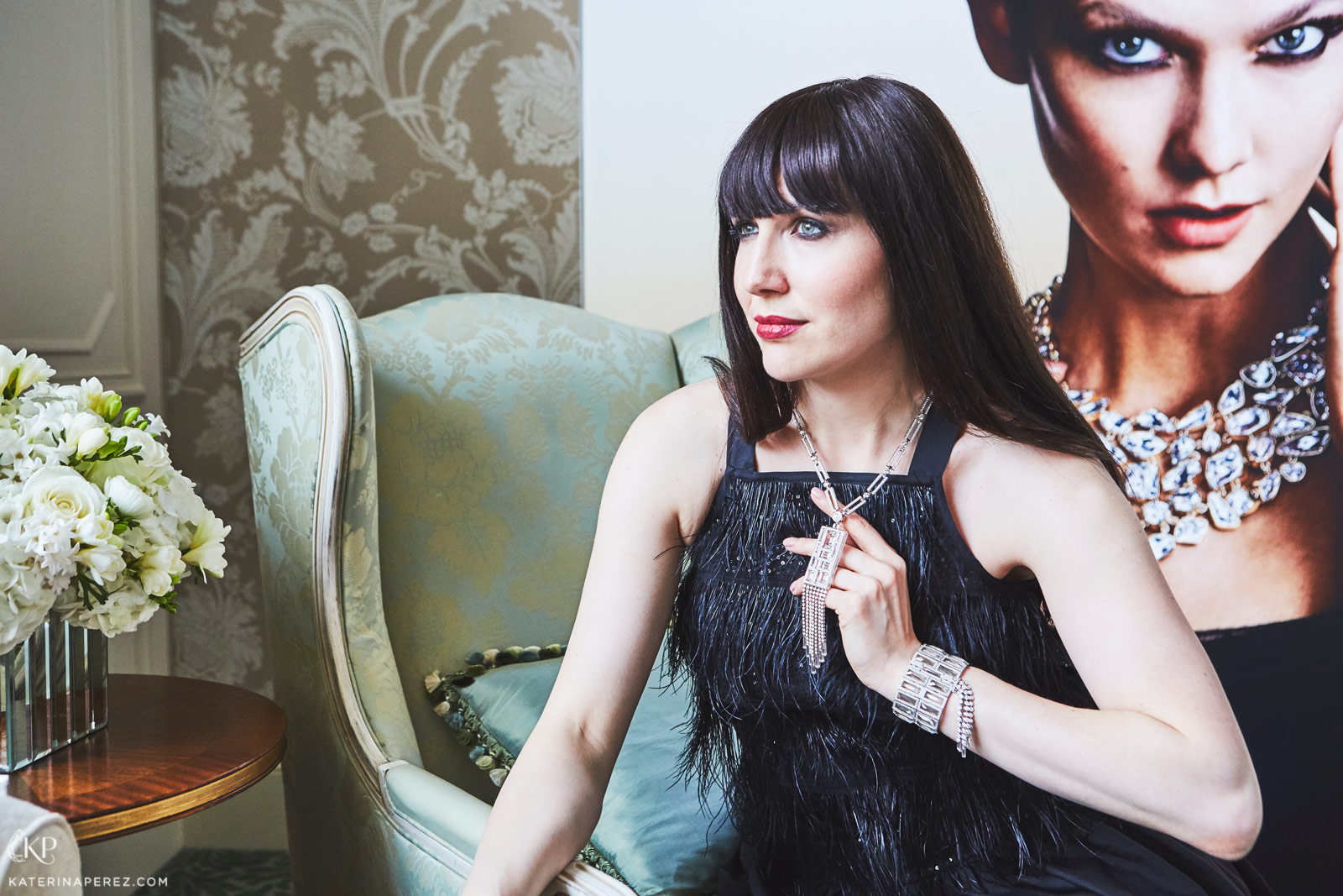 Katerina Perez wearing Atelier Swarovski bracelet and necklace with Brunello Cucinelli dress