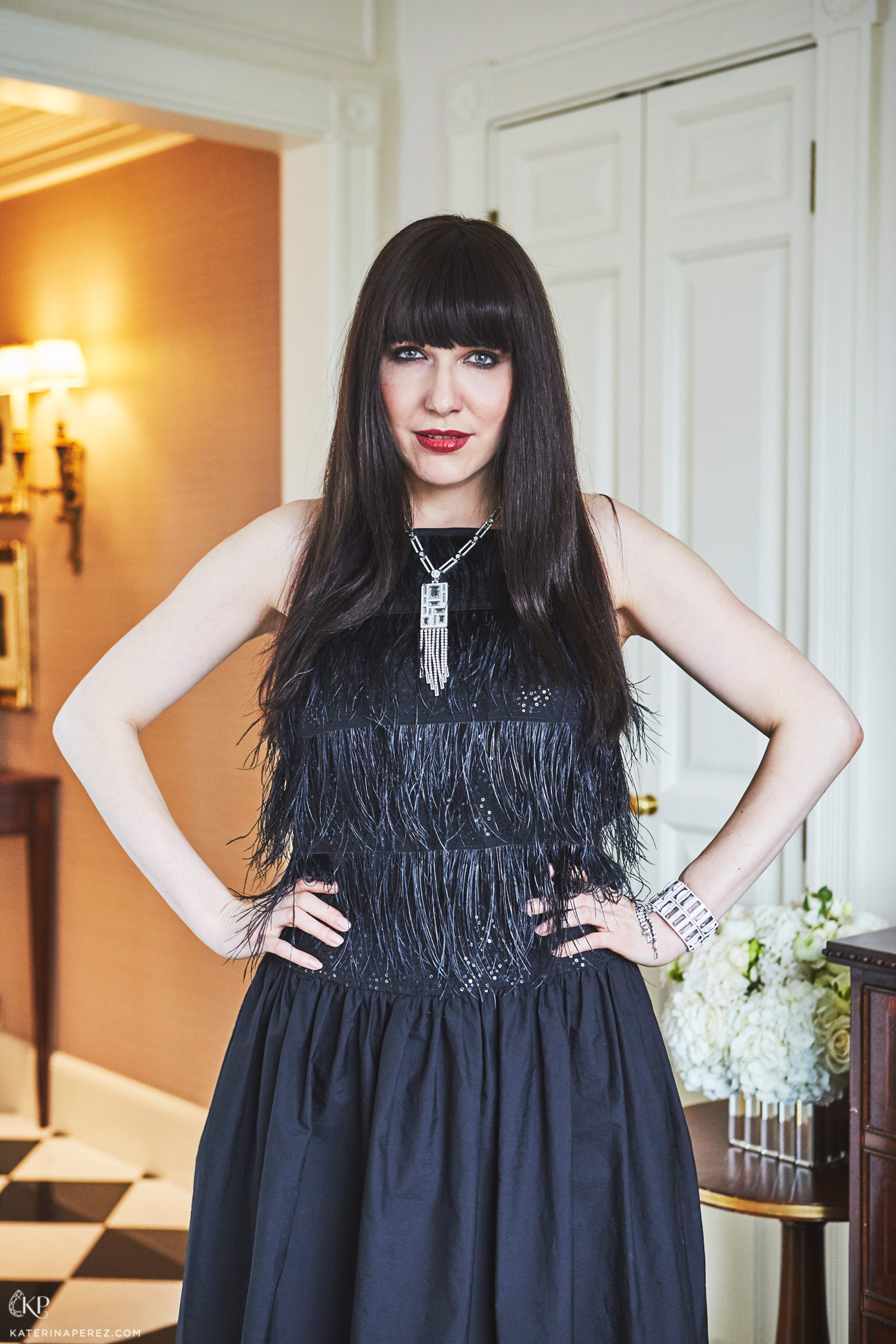  Katerina Perez wearing Atelier Swarovski bracelet and necklace with Brunello Cucinelli dress