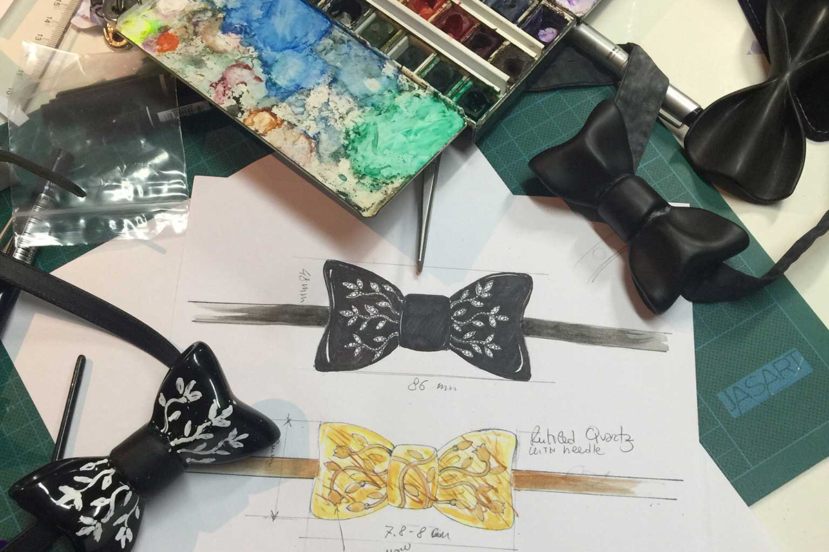 Alessio Boschi's Dandy bowtie in black jade with the sketches