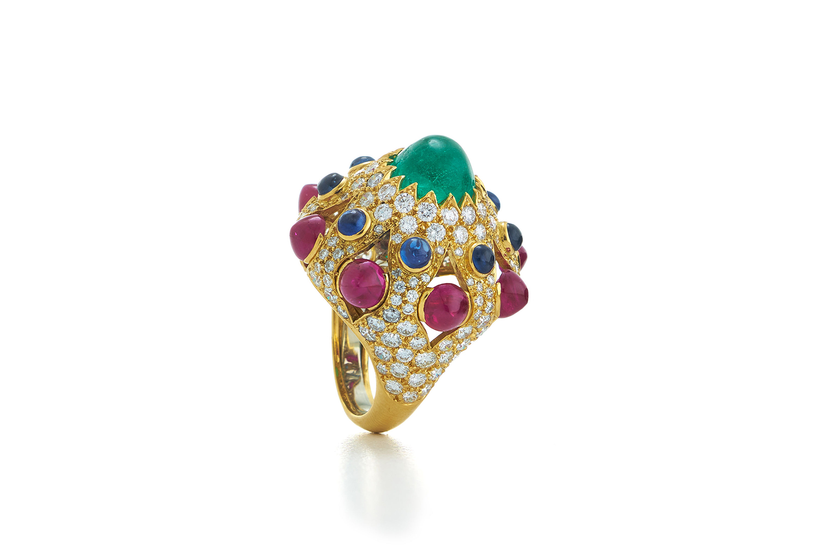  David Webb ring with cabochon emerald, sapphires, rubies and diamonds