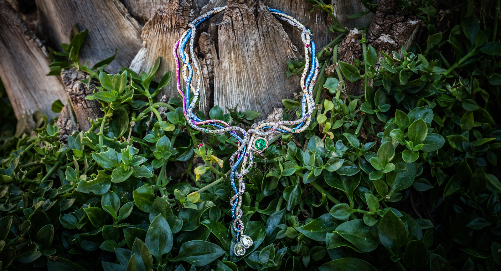 M Haute Joaillerie 'Titania' necklace in diamonds, emeralds, sapphires, spinels, tsavorites, amethysts and tourmalines set in gold and titanium. Photography by Simon Martner 