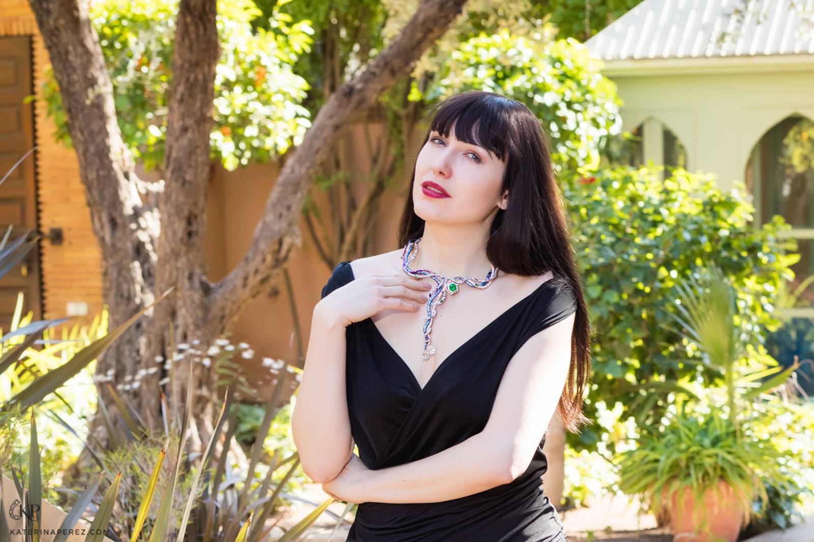 Katerina Perez in M Haute Joaillerie 'Titania' necklace in diamonds, emeralds, sapphires, spinels, tsavorites, amethysts and tourmalines set in gold and titanium. Photography by Simon Martner