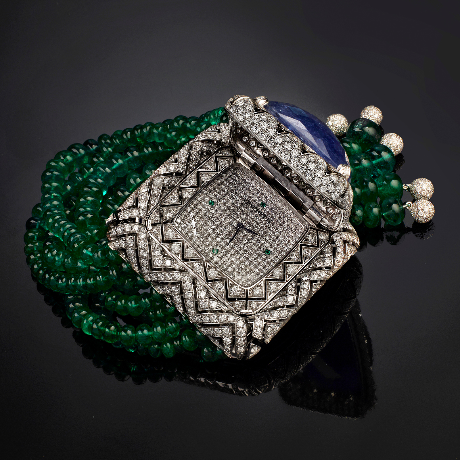  Veschetti 'Royal Green’ watch bracelet, featuring a 89ct Tanzanite, 335ct Zambian emeralds and diamonds from Veschetti Collection 