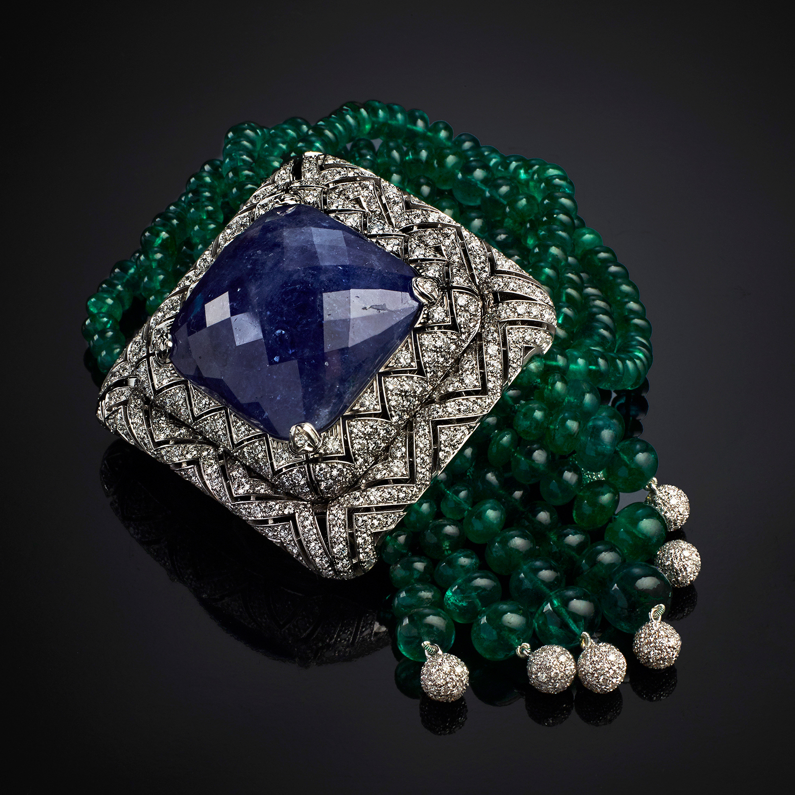  Veschetti 'Royal Green’ watch bracelet, featuring a 89ct Tanzanite, 335ct Zambian emeralds and diamonds from Veschetti Collection 