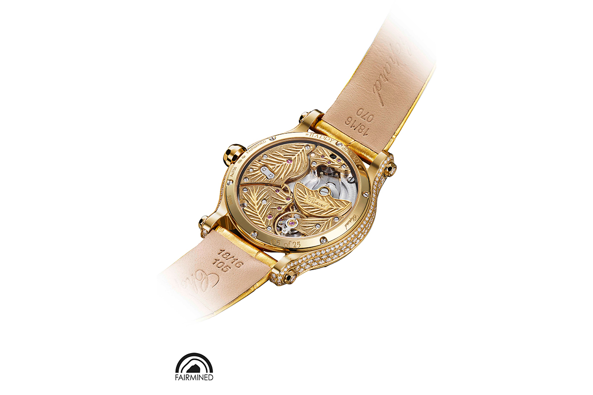  The mechanism for Chopard's 'Happy Palm' watch in 100% ethically fair mined 18k gold, mother of pearl dial and brilliant cut diamonds
