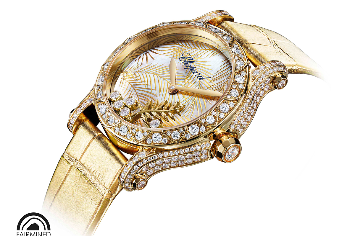 Chopard 'Happy Palm' watch in 100% ethically fair mined 18k gold, mother of pearl dial and brilliant cut diamonds