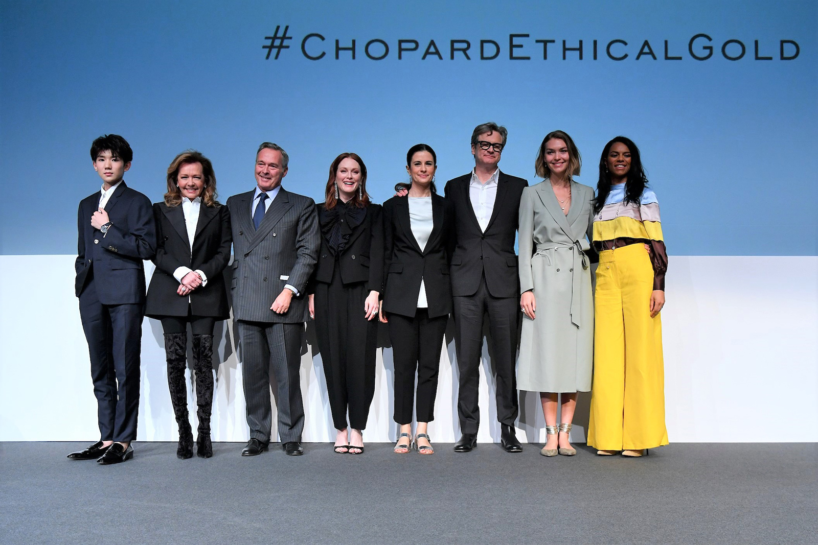 #ChopardEthicalGold commitment pledge by Caroline and Karl-Friedrich Scheufele, alongside brand ambassadors Colin Firth and his environmental activist wife Livia Firth, Julianne Moore, models and activists Arizona Muse and Noëlla Coursaris Musunka and Roy Van