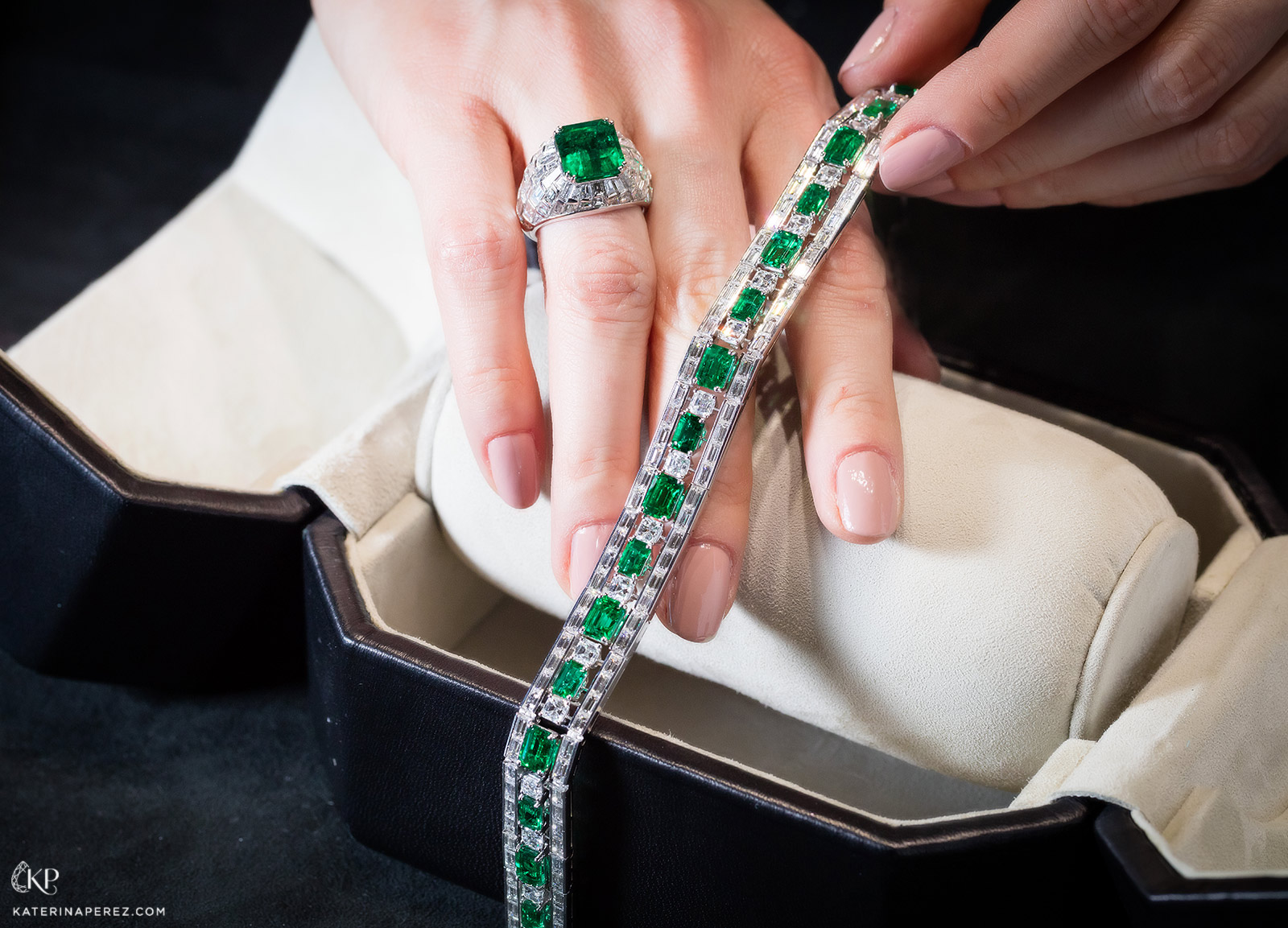  Picchiotti 4.97ct Colombian emerald and tapered baguette cut diamond ring with a Zambian emerald and diamond bracelet 