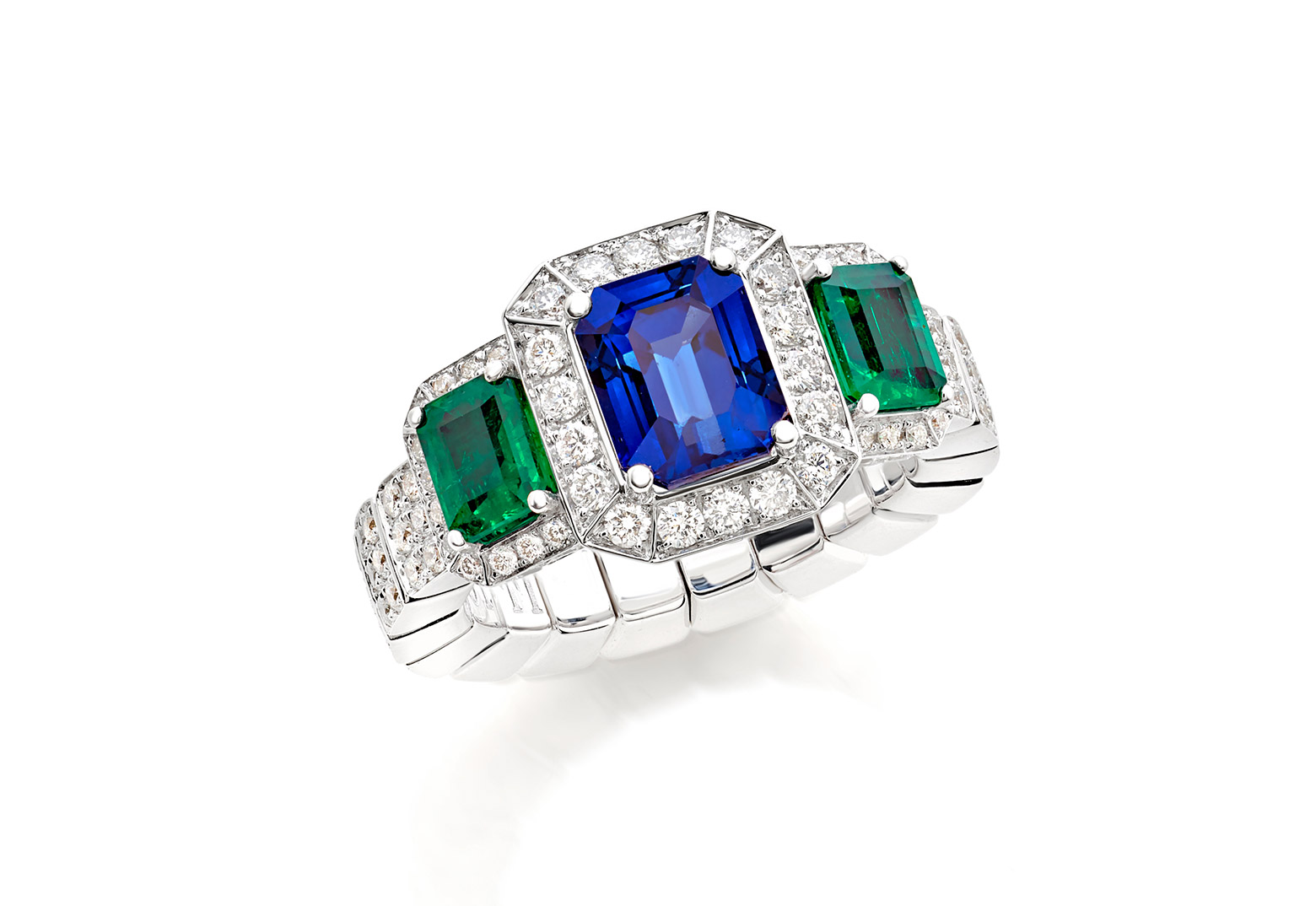 Picchiotti XpandableTM ring in diamonds, emeralds and sapphire