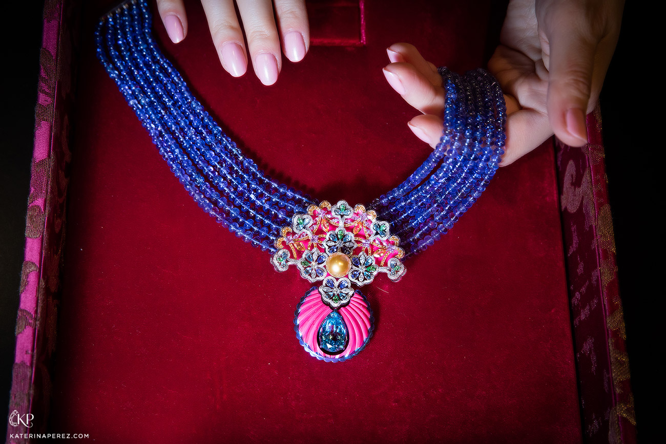 Chopard Red Carpet necklace with tanzanite beads, aquamarine drop and other gemstones. Photo by Simon Martner for Katerina Perez