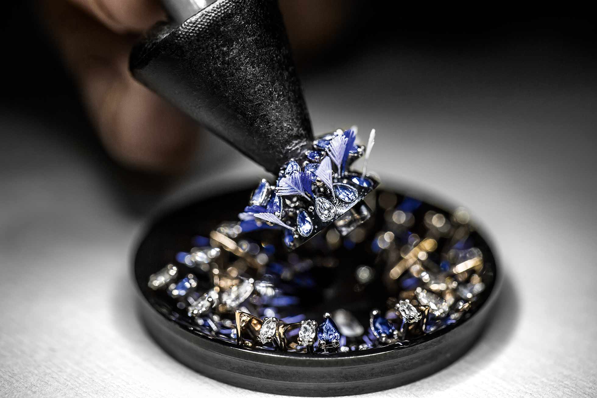 Diamonds, sapphires, gold and feathers are applied during the process of creating one of Dior’s ‘Grand Bal Jardins Imaginaires’ fine jewellery watches