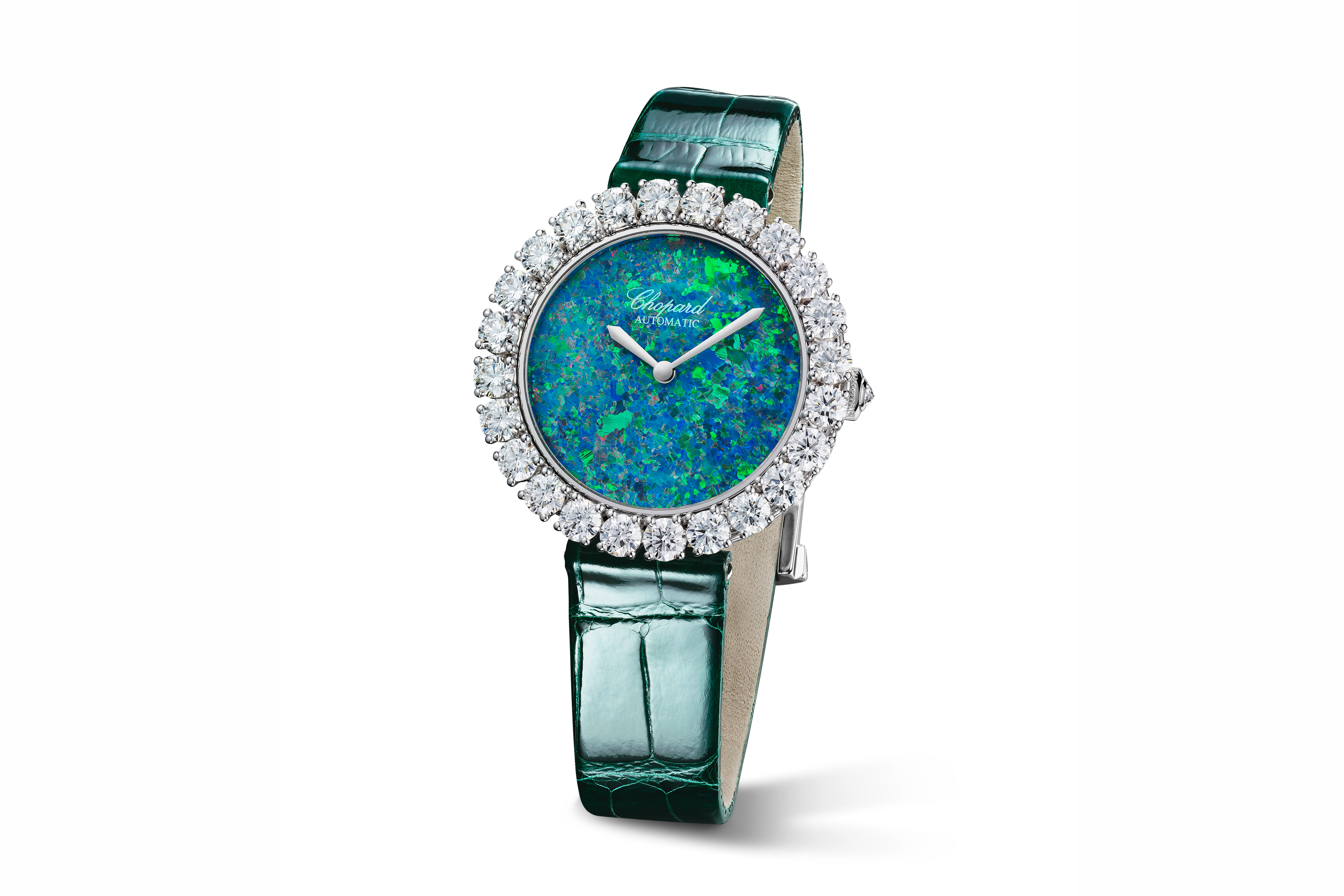  Chopard ‘L’Heure du Diamant’ watch with round opal dial and green alligator leather strap