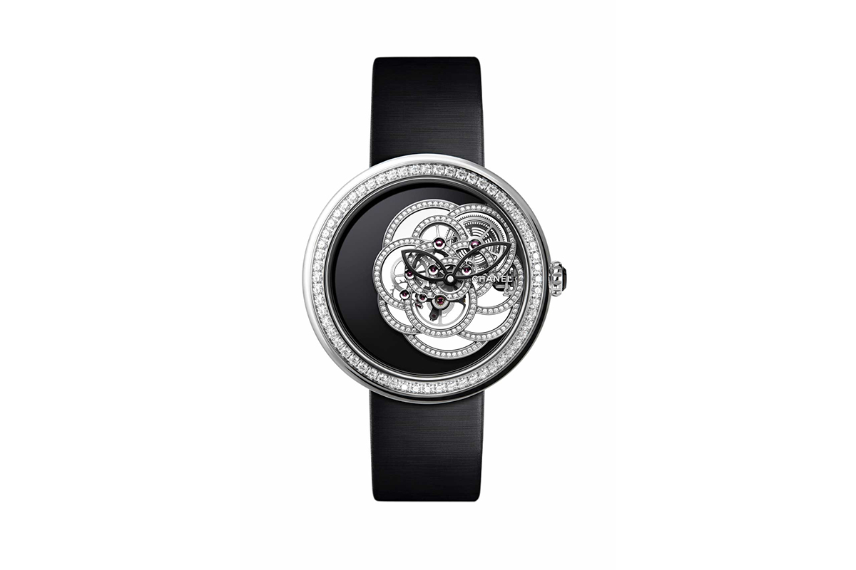  Chanel 'Calibre 2.1 Camelia Skeleton' with pavé diamond bezel, onyx dial,  diamond Camelia motif accent