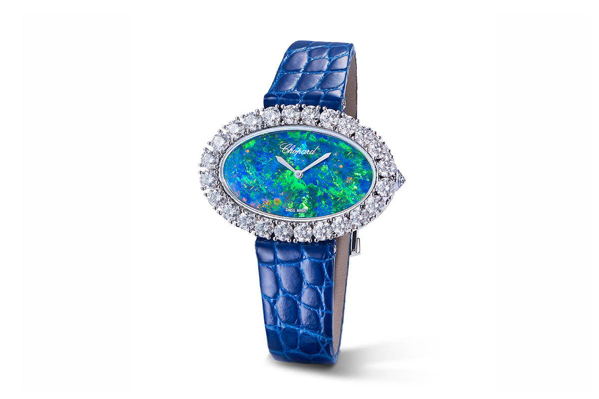  Chopard ‘L’Heure du Diamant’ watch with oval opal dial and blue alligator leather strap