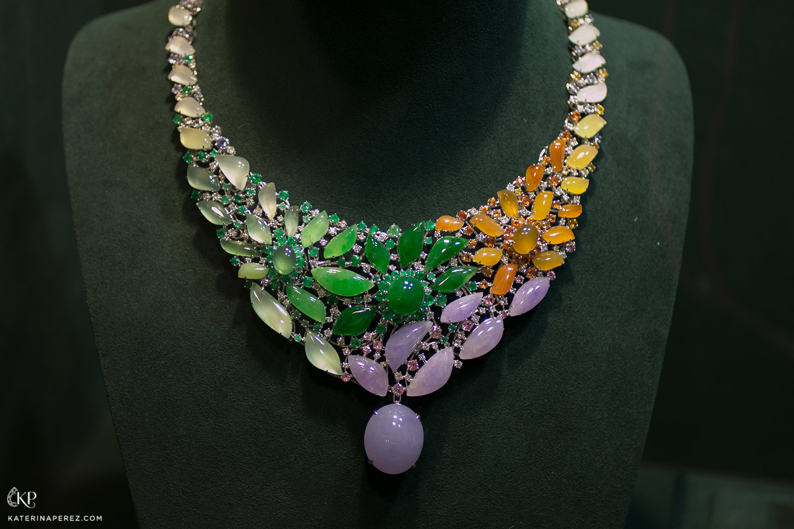  Dawn necklace in green, orange and purple jadeite