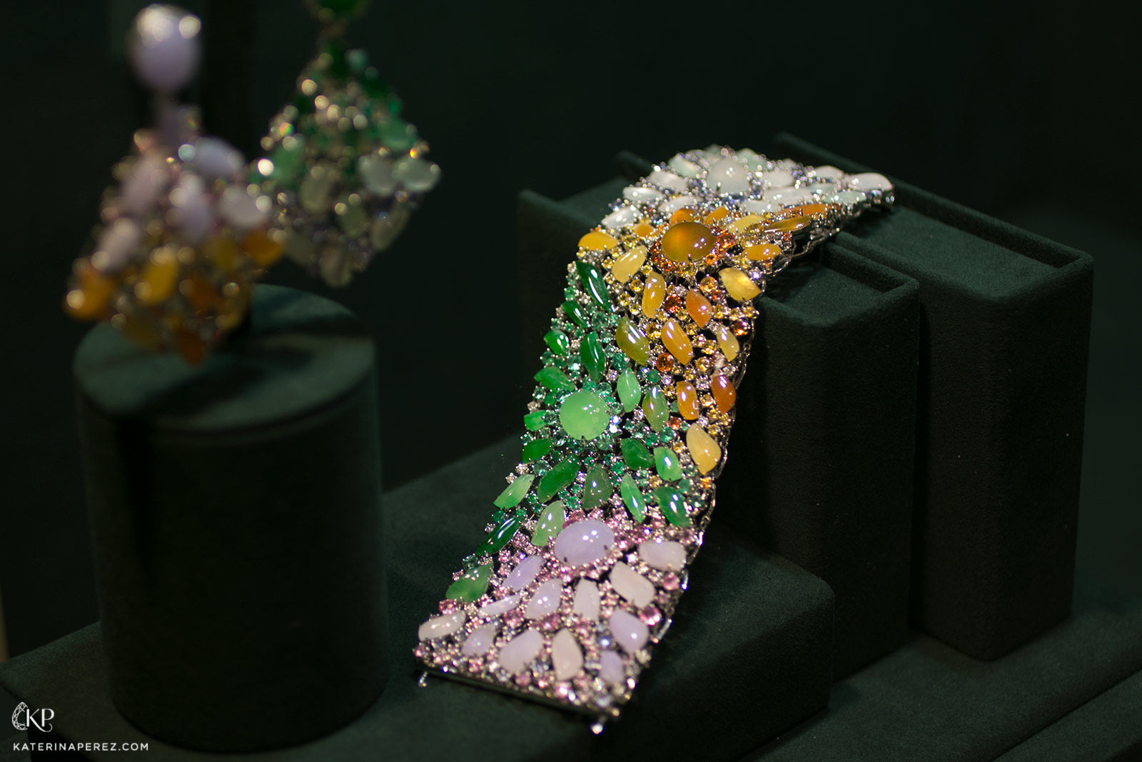 Dawn earrings and cuff in green, orange and purple jadeite