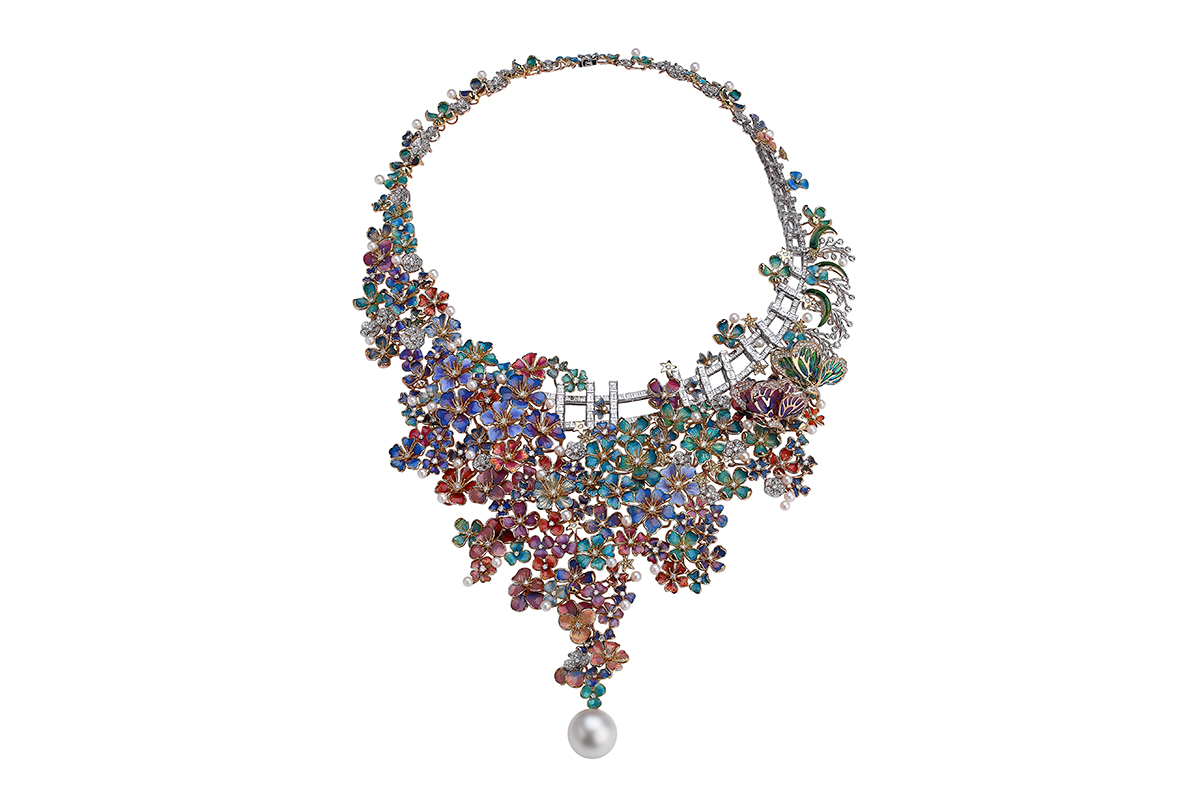 Shirley Zhang 'Eternal Flower' necklace with diamonds, pearls, enamel and 18 karat gold 