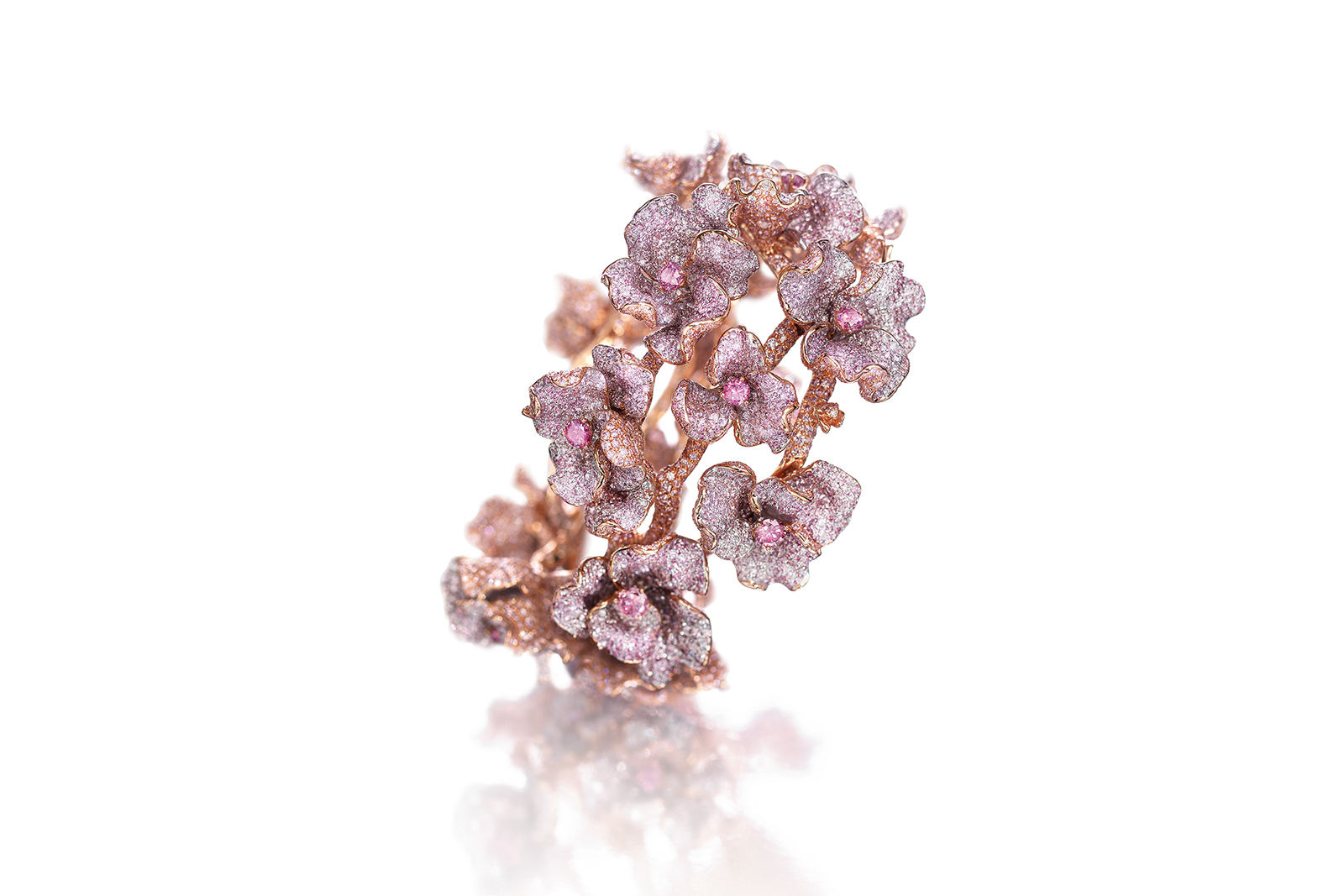  Neha Dani 'Amarente' cuff in pink diamonds with 18k yellow gold, set in platinum 