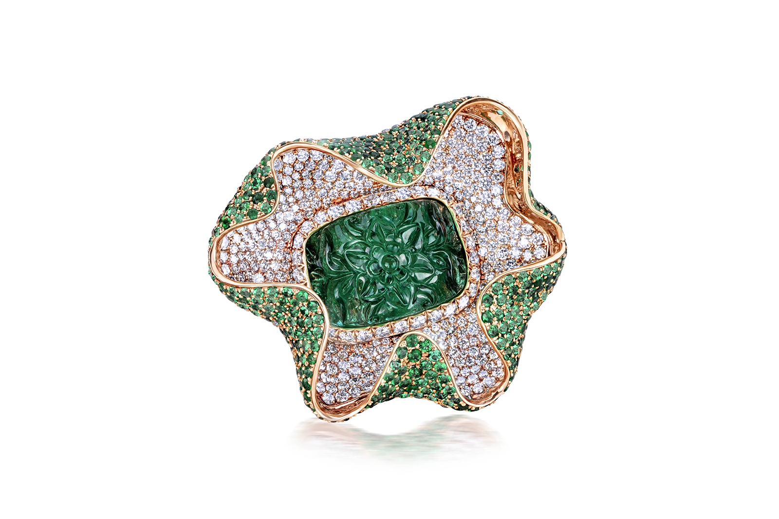  House of Meraki 'Medusa' ring, with 17.55 ct carved Zambian emerald, 400 Russian diamonds and brilliant cut Zambian emeralds
