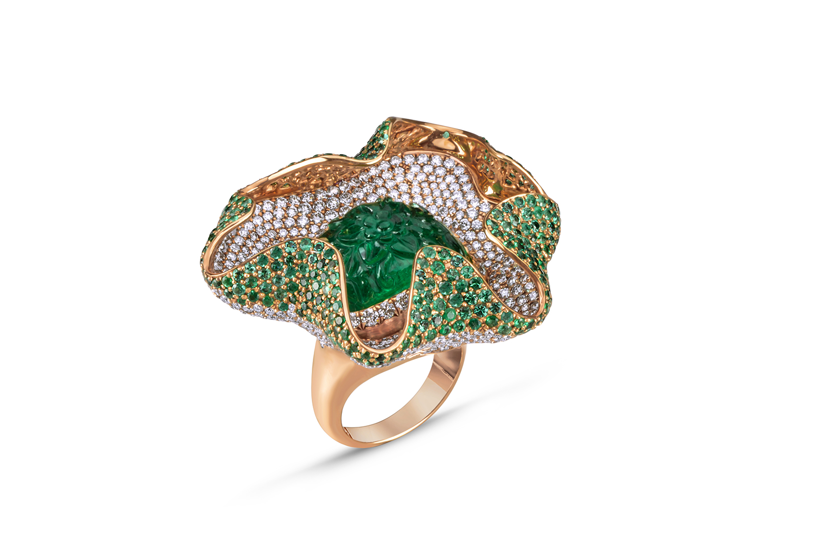 House of Meraki 'Medusa' ring, with 17.55 ct carved Zambian emerald, 400 Russian diamonds and brilliant cut Zambian emeralds