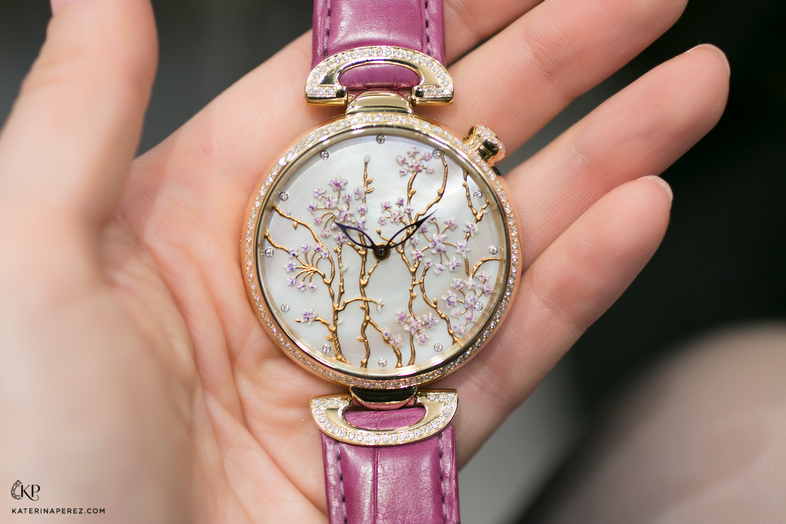 Kerbedanz 'White Flowers' watch with mother of pearl, filigree and enamel detail dial