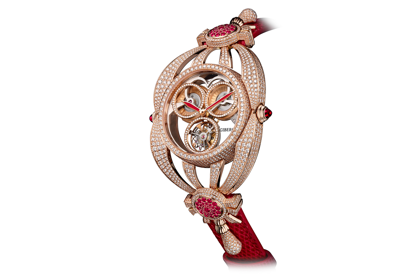  Giberg 'Niura' watch with skeleton mechanism, pavé diamond and ruby embellishment