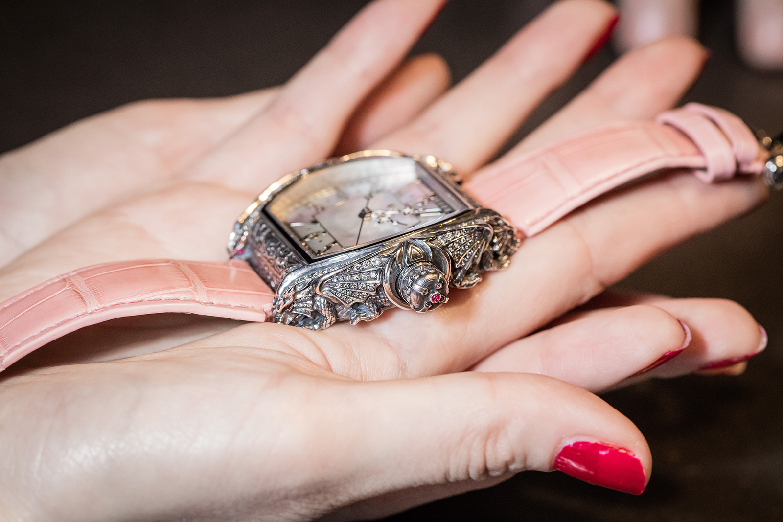  Strom 'Argentum Diamond Bezel' watch with mother-of-pearl dial and ruby crown